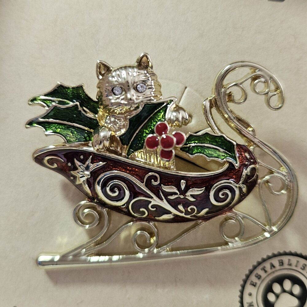 Pet Friends Gold Tone  Red And Green Enamel Cat In Sleigh Brooch